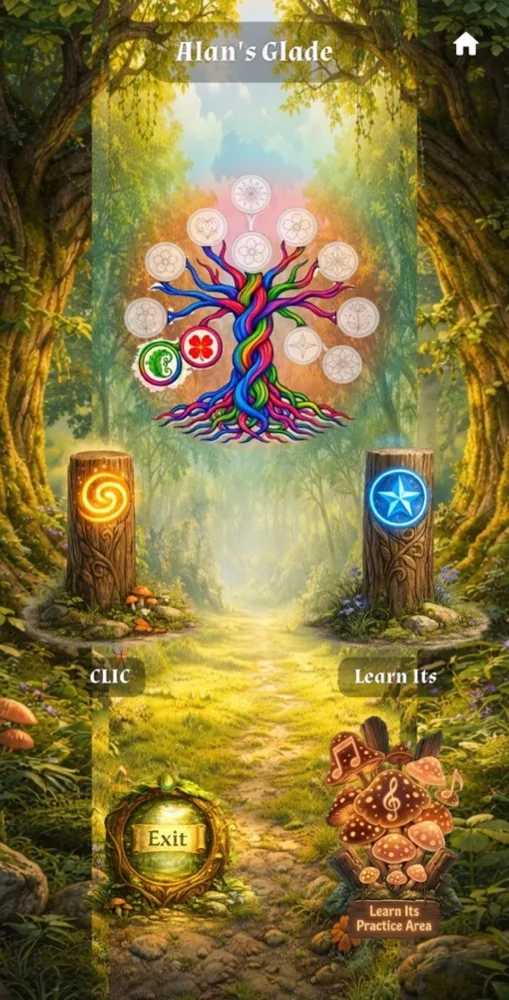 The app's woodland Glade, with a colourful Progress Tree and CLIC and Learn Its paths