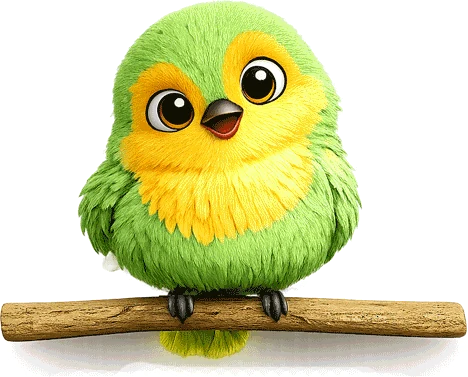 Pip, the green-and-yellow bird companion, welcoming children from a branch